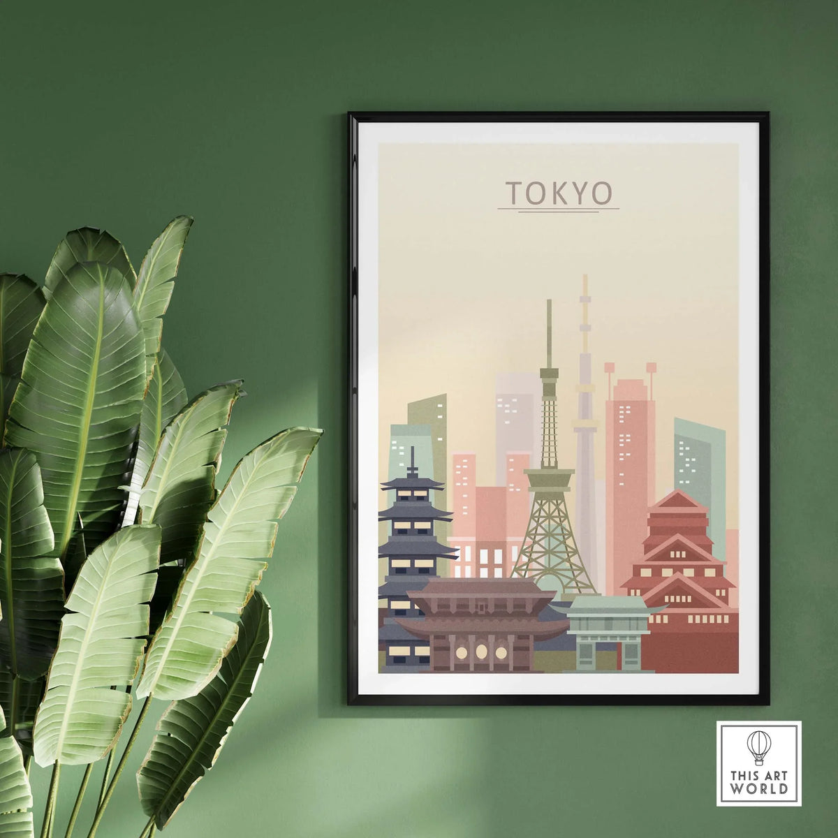 Tokyo skyline poster featuring iconic architecture in warm pastel tones, perfect wall art for home or office decor.