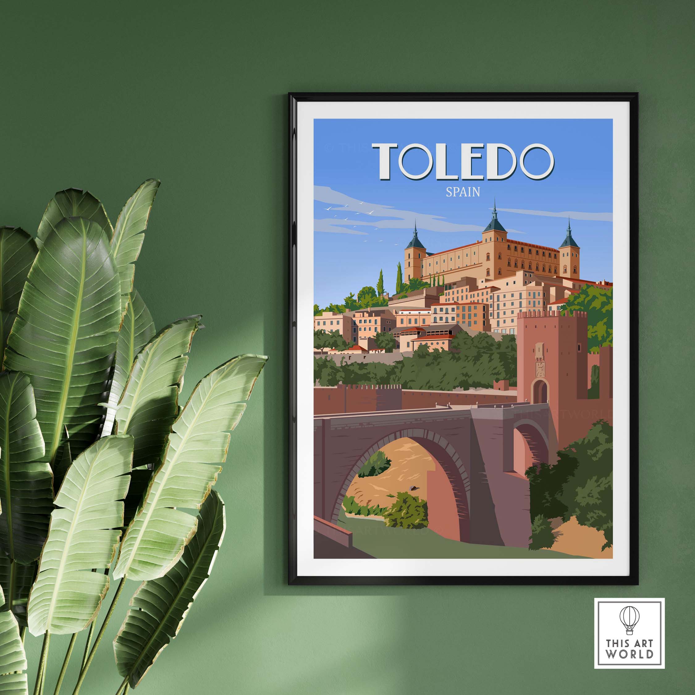 Toledo Spain vintage art print showcasing the Alcázar and historic cityscape, perfect for wall decor.