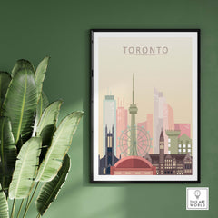 Toronto Skyline Print showcasing iconic buildings in pastel colors, ideal for stylish wall art in home or office.