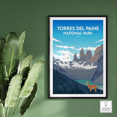 Torres del Paine National Park print showcasing stunning landscapes and wildlife, perfect for travel-inspired wall art.