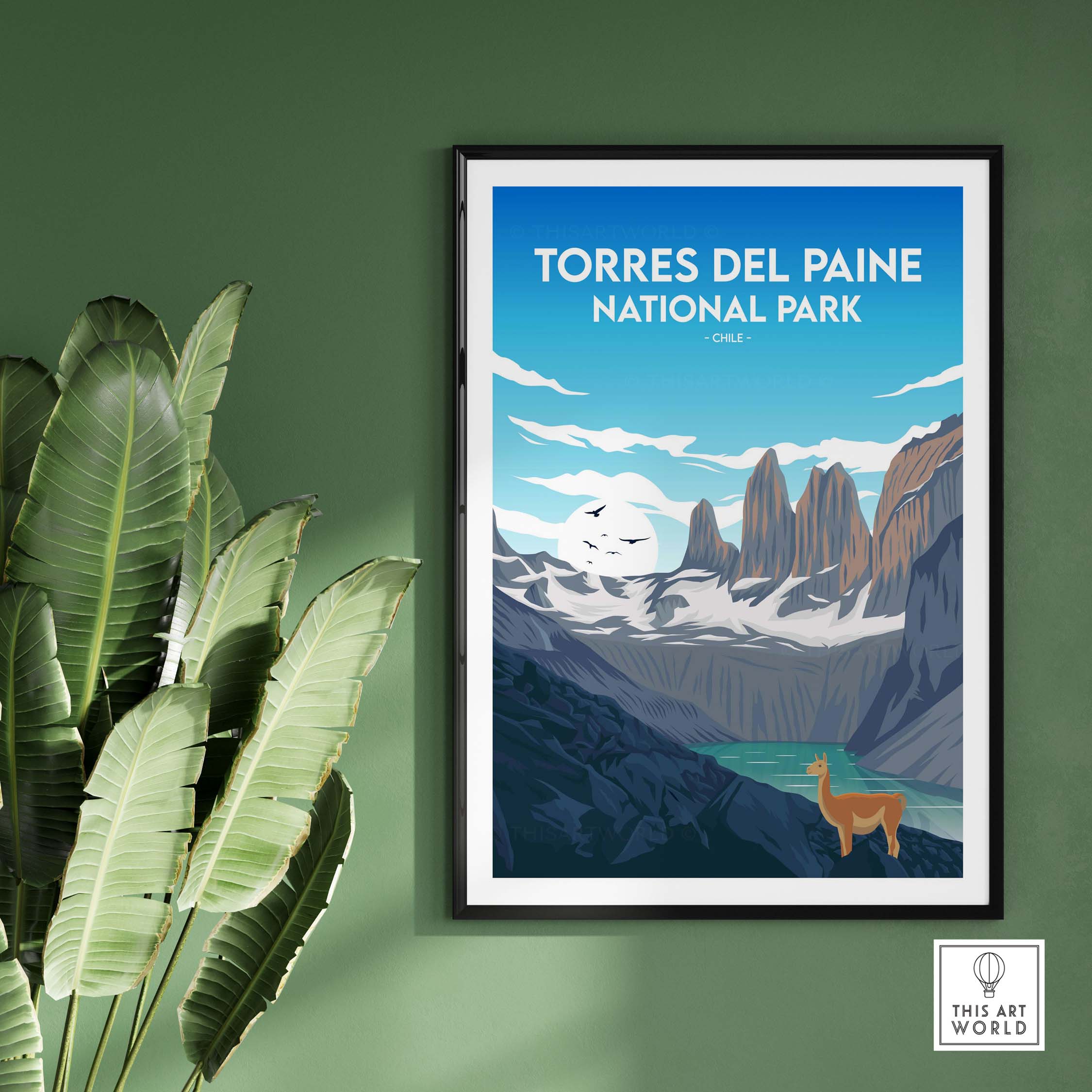 Torres del Paine National Park print showcasing stunning landscapes and wildlife, perfect for travel-inspired wall art.