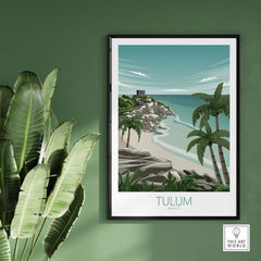 Tulum Art Print showcasing Mexico's coastline, framed artwork with tropical plants accenting the design.
