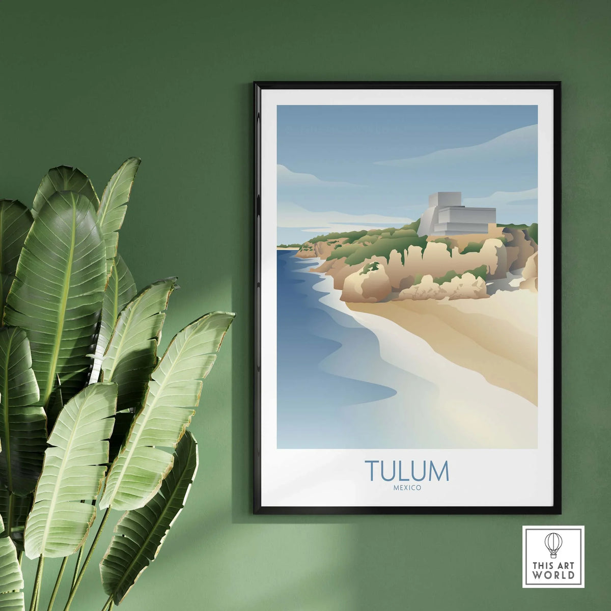 Tulum Mexico wall art print featuring a serene beach scene with modern framing, perfect for home decor.