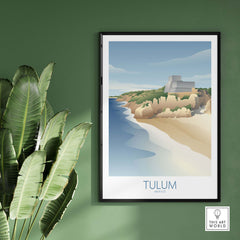 Tulum Mexico wall art print featuring a serene beach scene with modern framing, perfect for home decor.