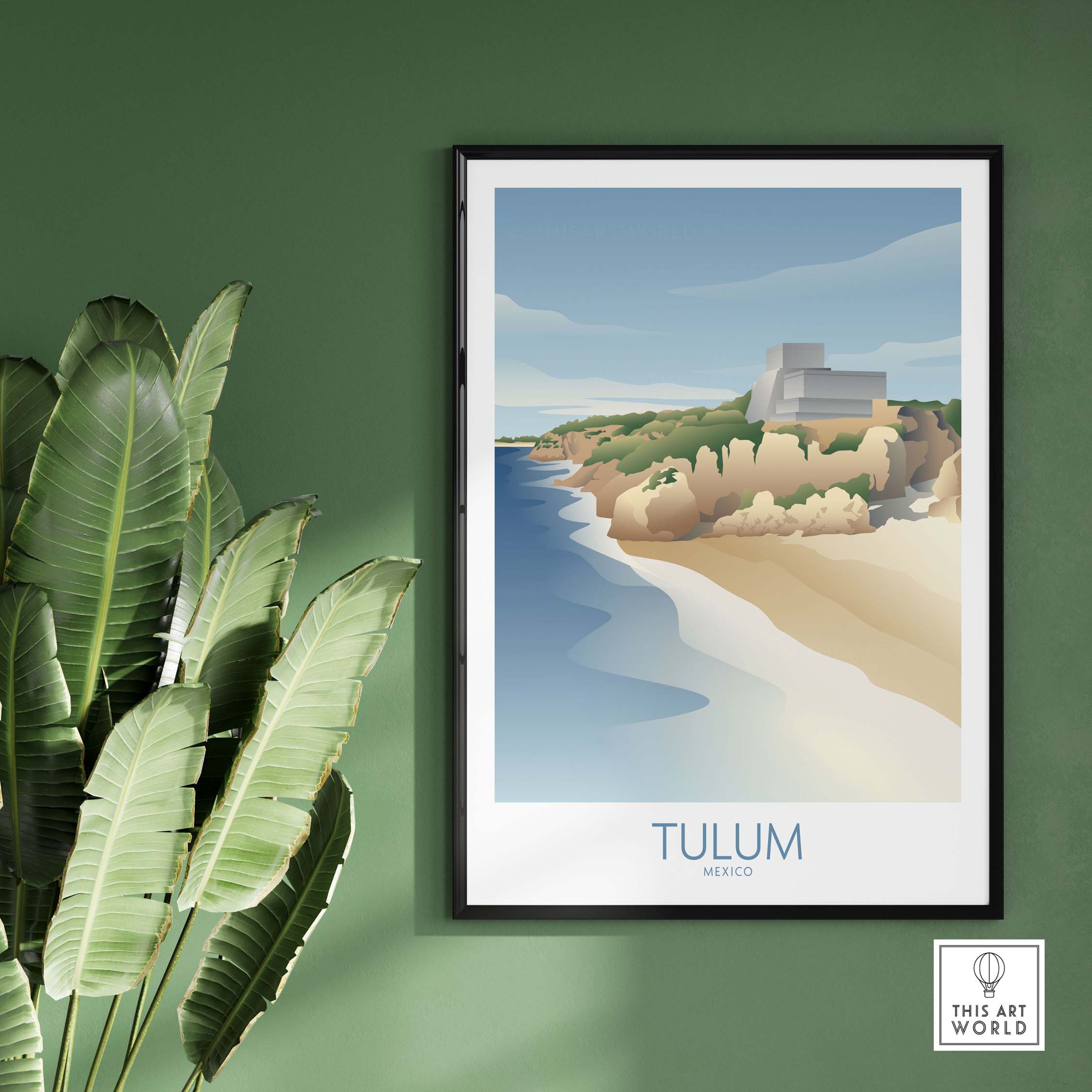 Tulum Mexico wall art print featuring a serene beach scene with modern framing, perfect for home decor.