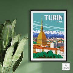 Turin Italy travel poster print featuring the iconic Mole Antonelliana and mountains in a minimalist style.