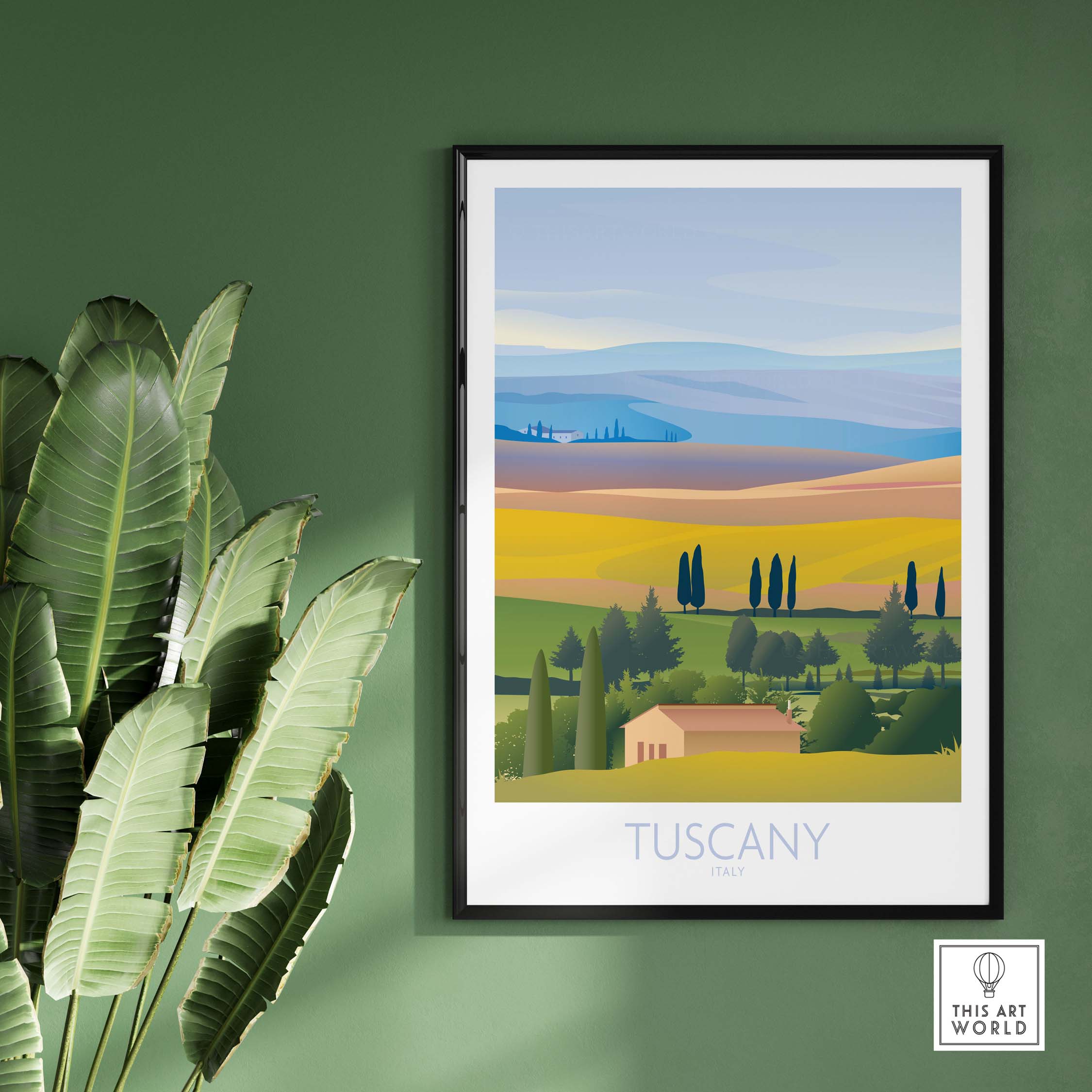 Tuscany Wall Art Print featuring scenic Italian landscape and vibrant colors, displayed in a stylish frame against a green wall.