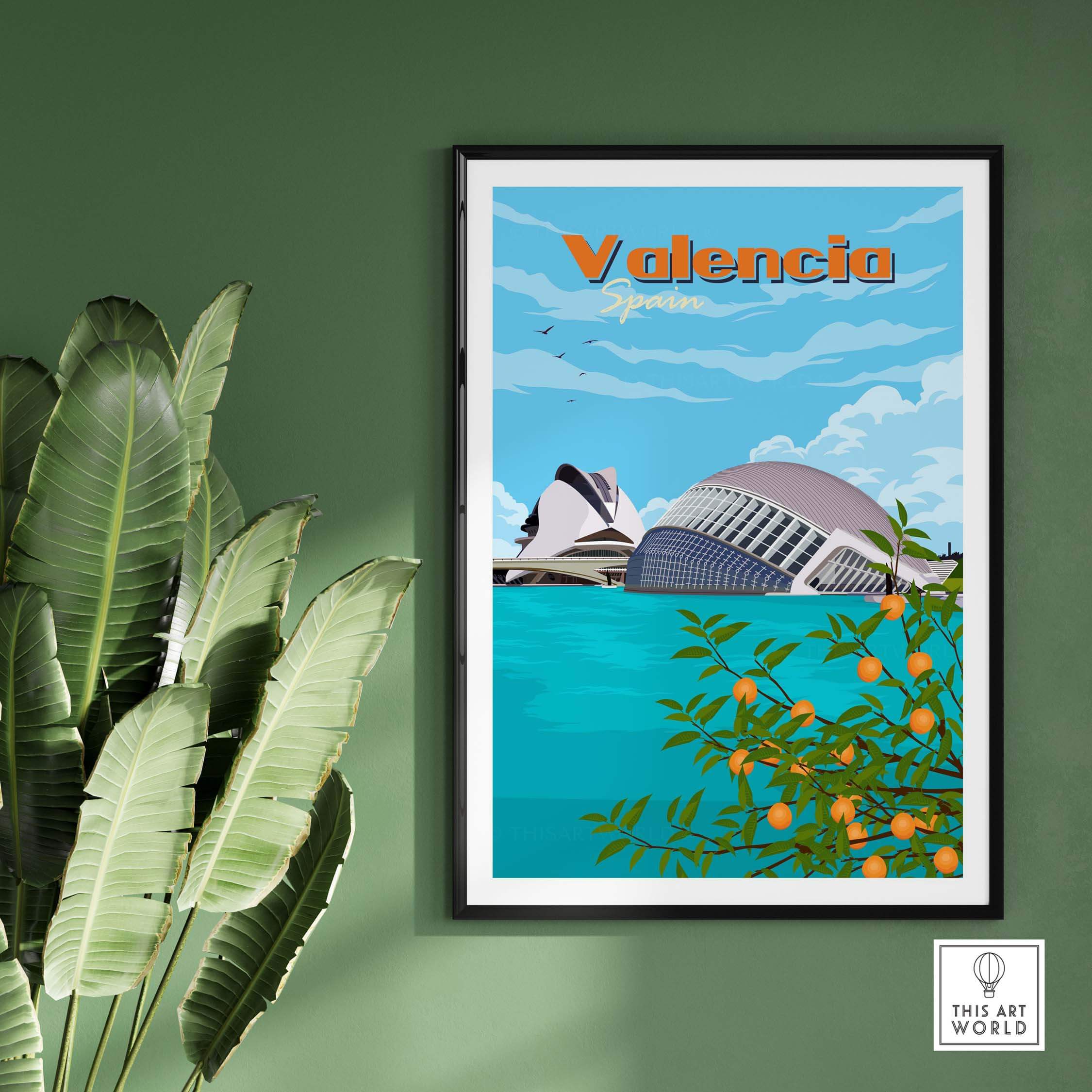 Valencia wall art print showcasing the cityscape and oranges, perfect for travel enthusiasts and minimalist decor.
