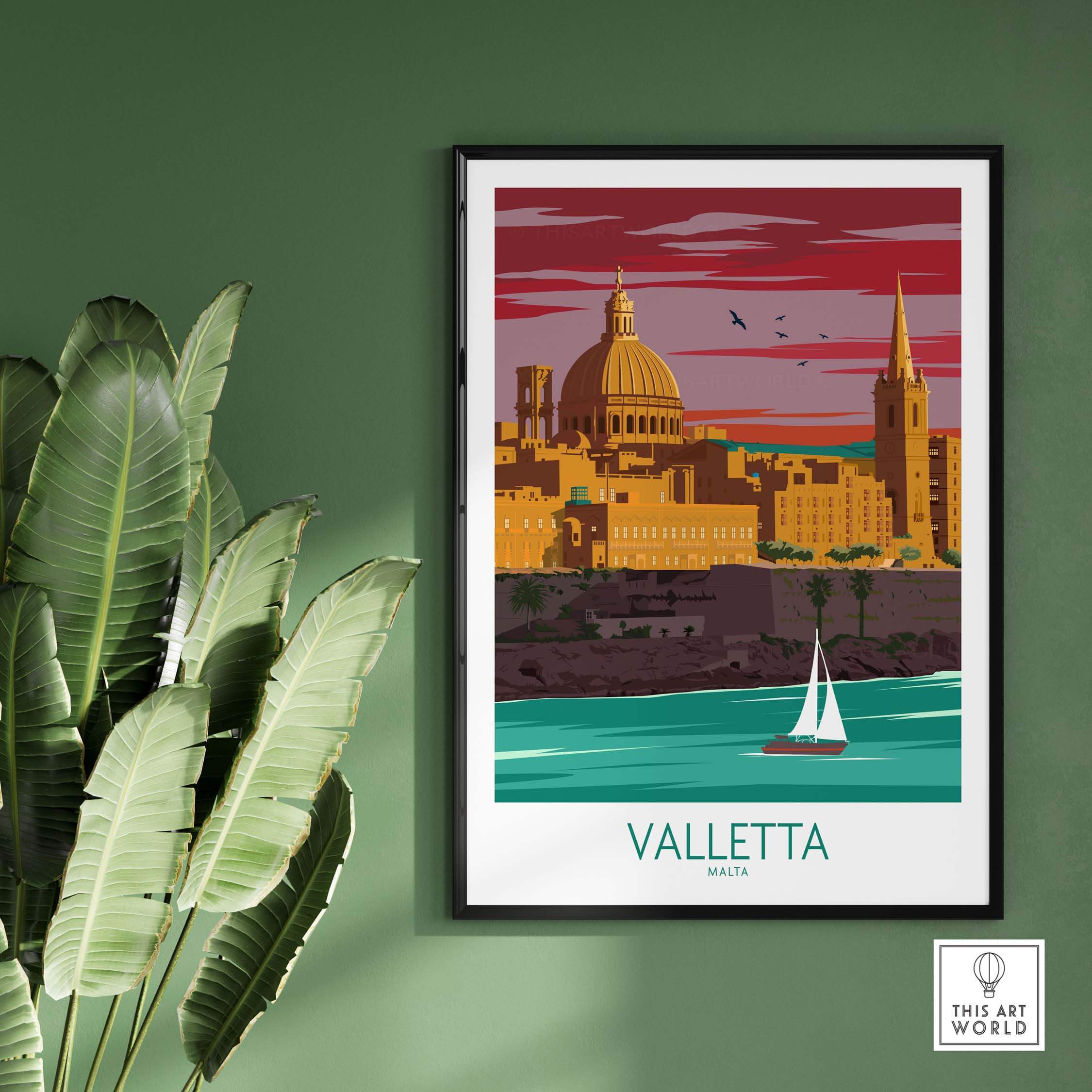 Valletta Print Malta Poster featuring a vintage-inspired design of Valletta's skyline and harbor.