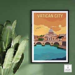 Vatican City vintage travel poster print framed on green wall with palm leaves.