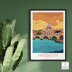 Vatican Poster featuring iconic architecture over a river, framed on a green wall for modern home decor.
