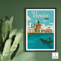 Venice poster wall art print featuring iconic architecture and gondola on turquoise water, framed in a stylish setting.