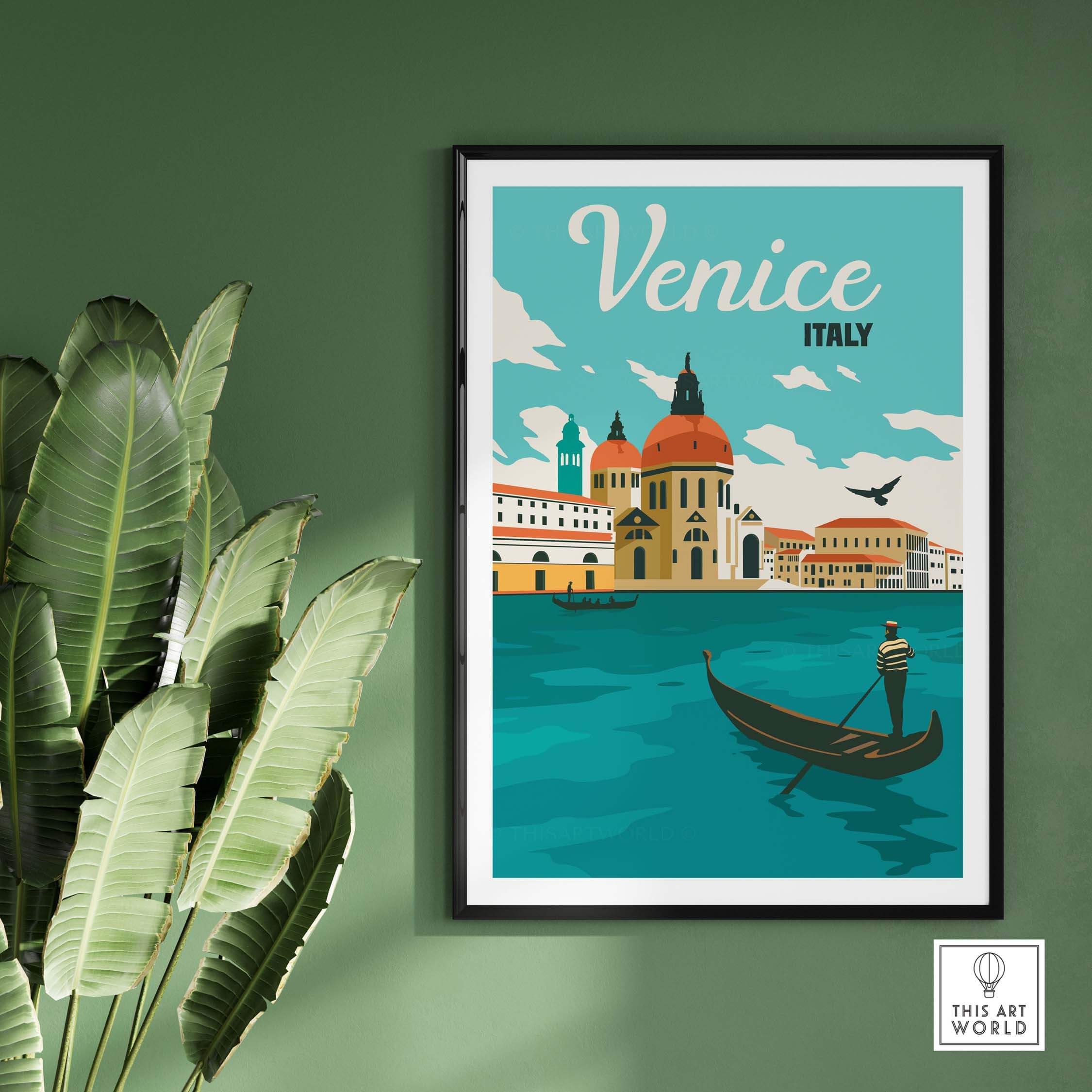 Venice poster wall art print featuring iconic architecture and gondola on turquoise water, framed in a stylish setting.