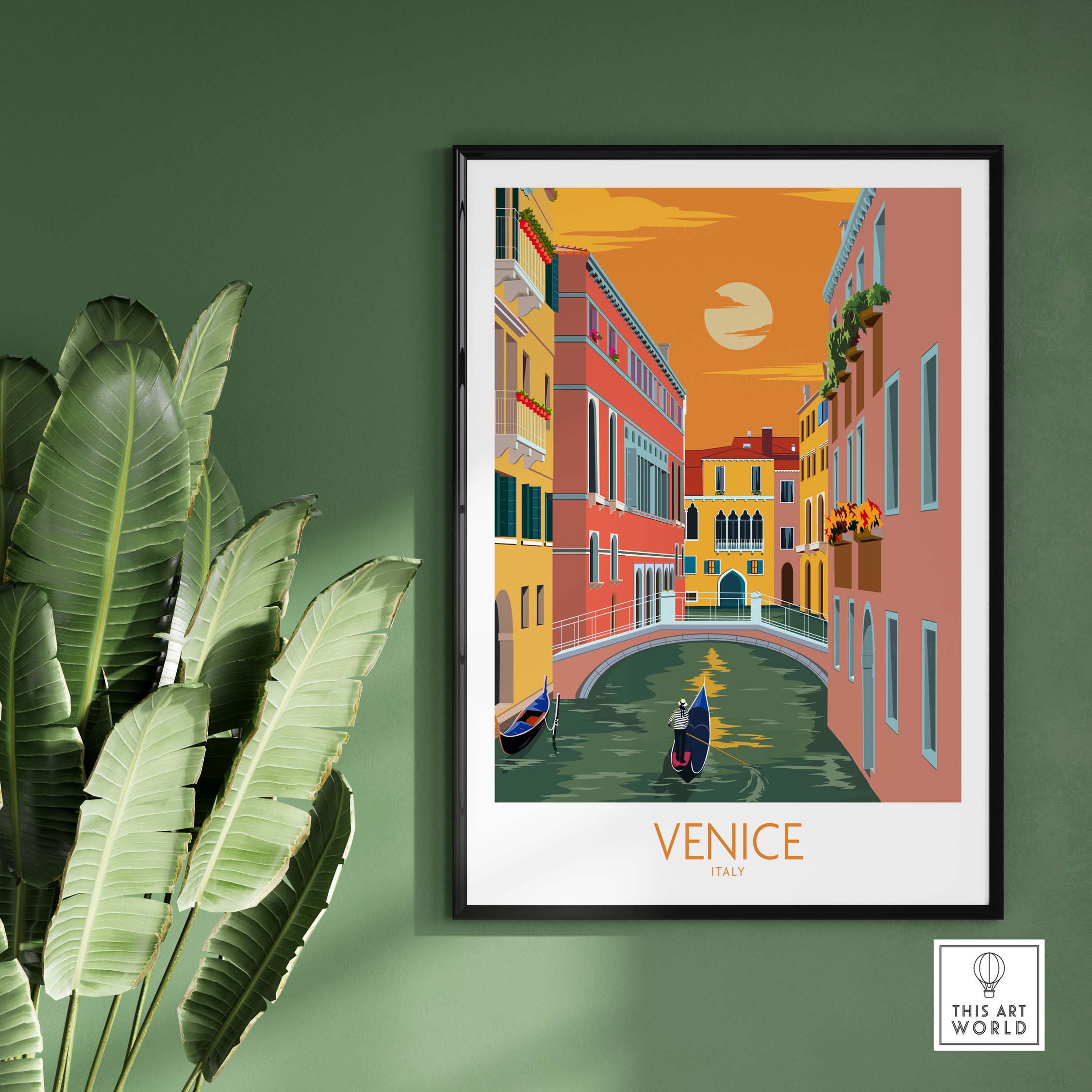 Vintage Venice poster print featuring colorful canals and gondola against a sunset backdrop, perfect for home decor.
