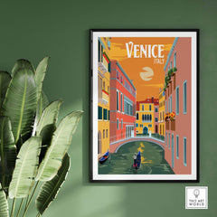 Venice Italy poster print art featuring a scenic canal and vibrant buildings against a sunset backdrop. Stylish wall decor.
