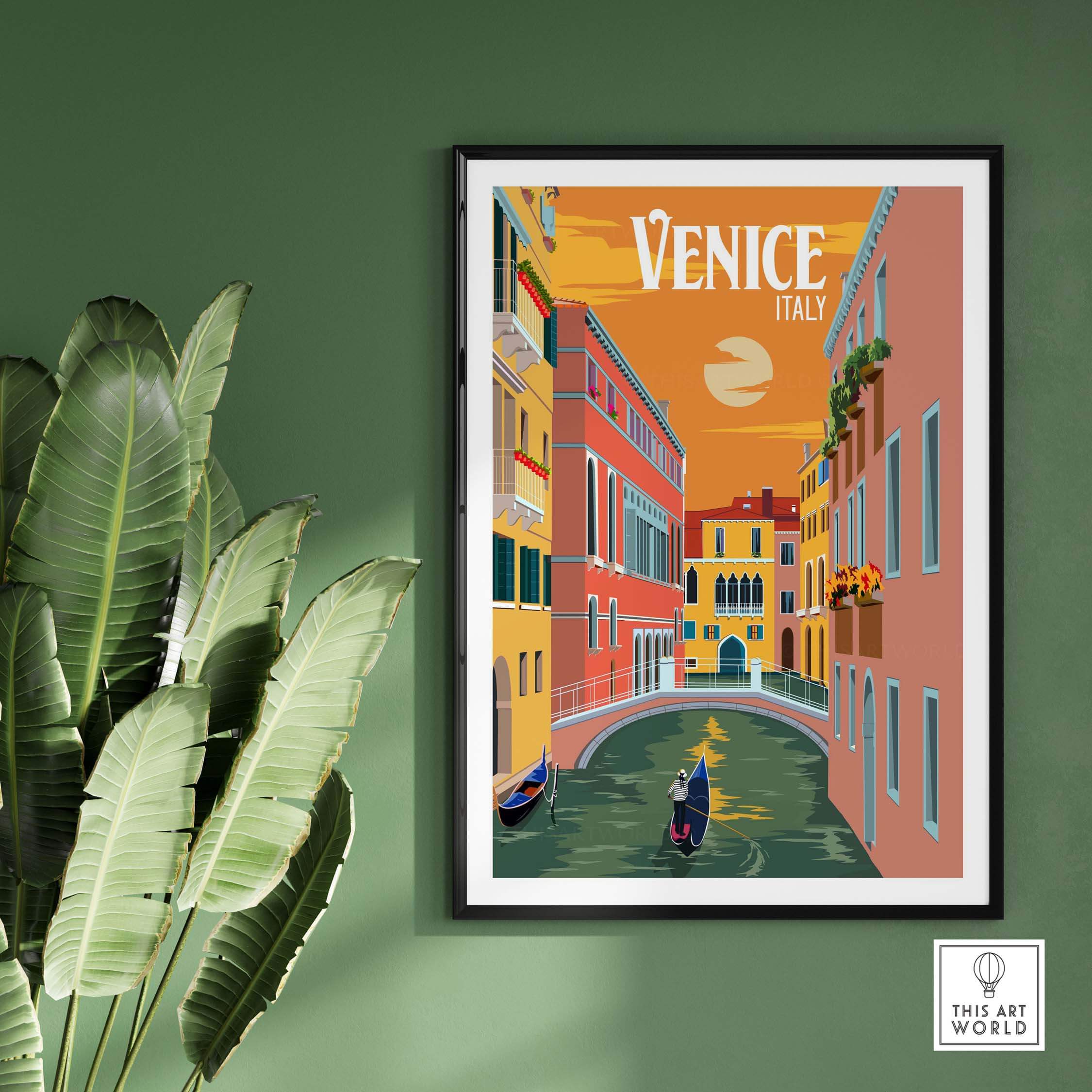 Venice Italy poster print art featuring a scenic canal and vibrant buildings against a sunset backdrop. Stylish wall decor.