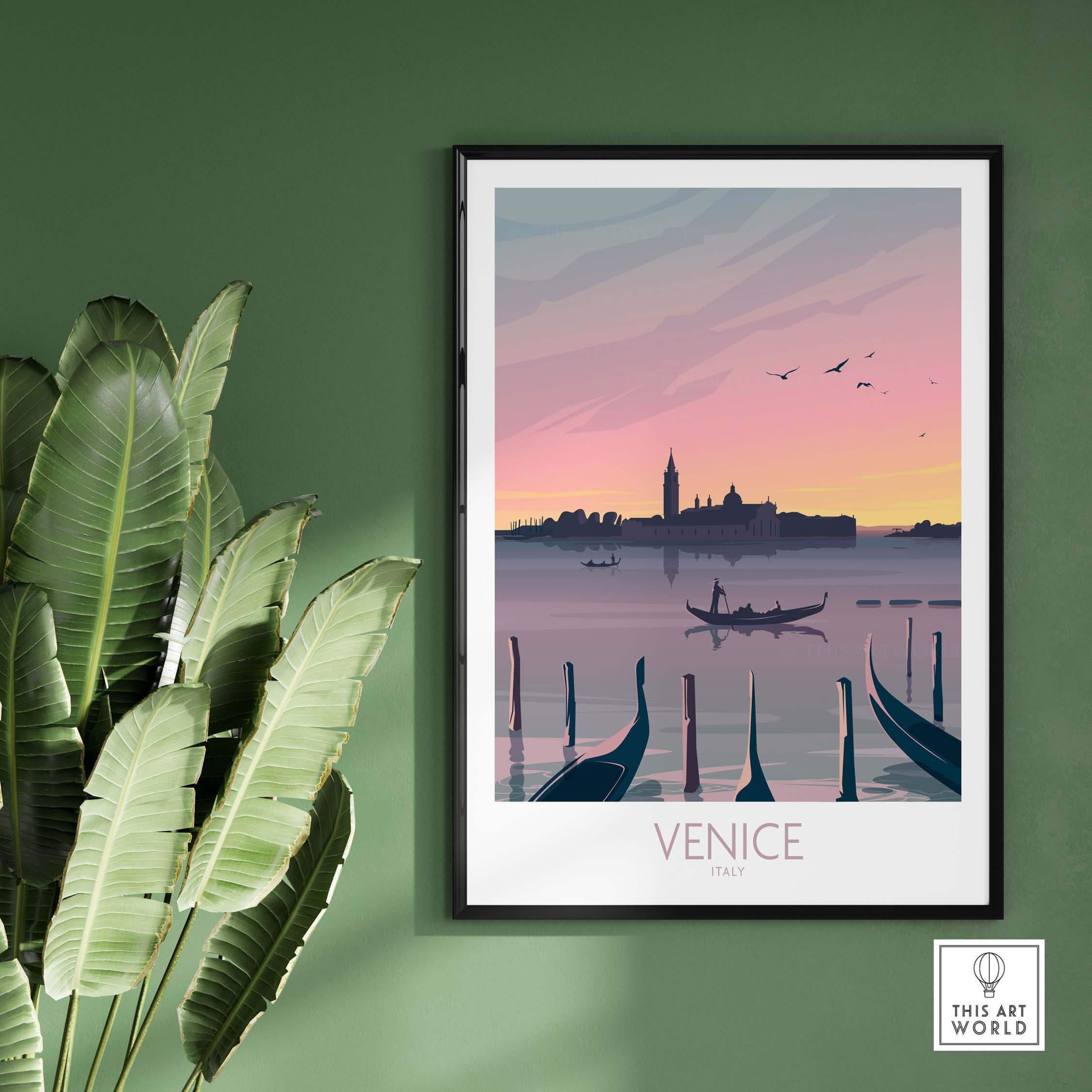 Venice Print Travel Poster featuring a serene sunset over the canals, framed and displayed in a stylish green setting.