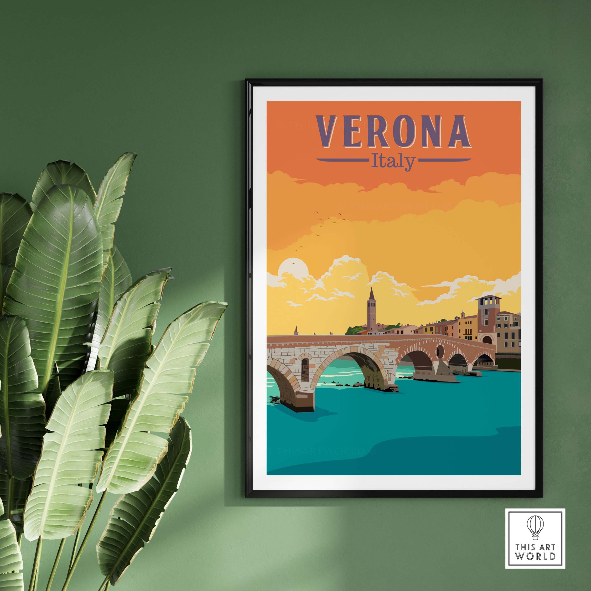 Verona Italy print featuring a vintage travel poster design with a scenic river view and warm sunset colors.