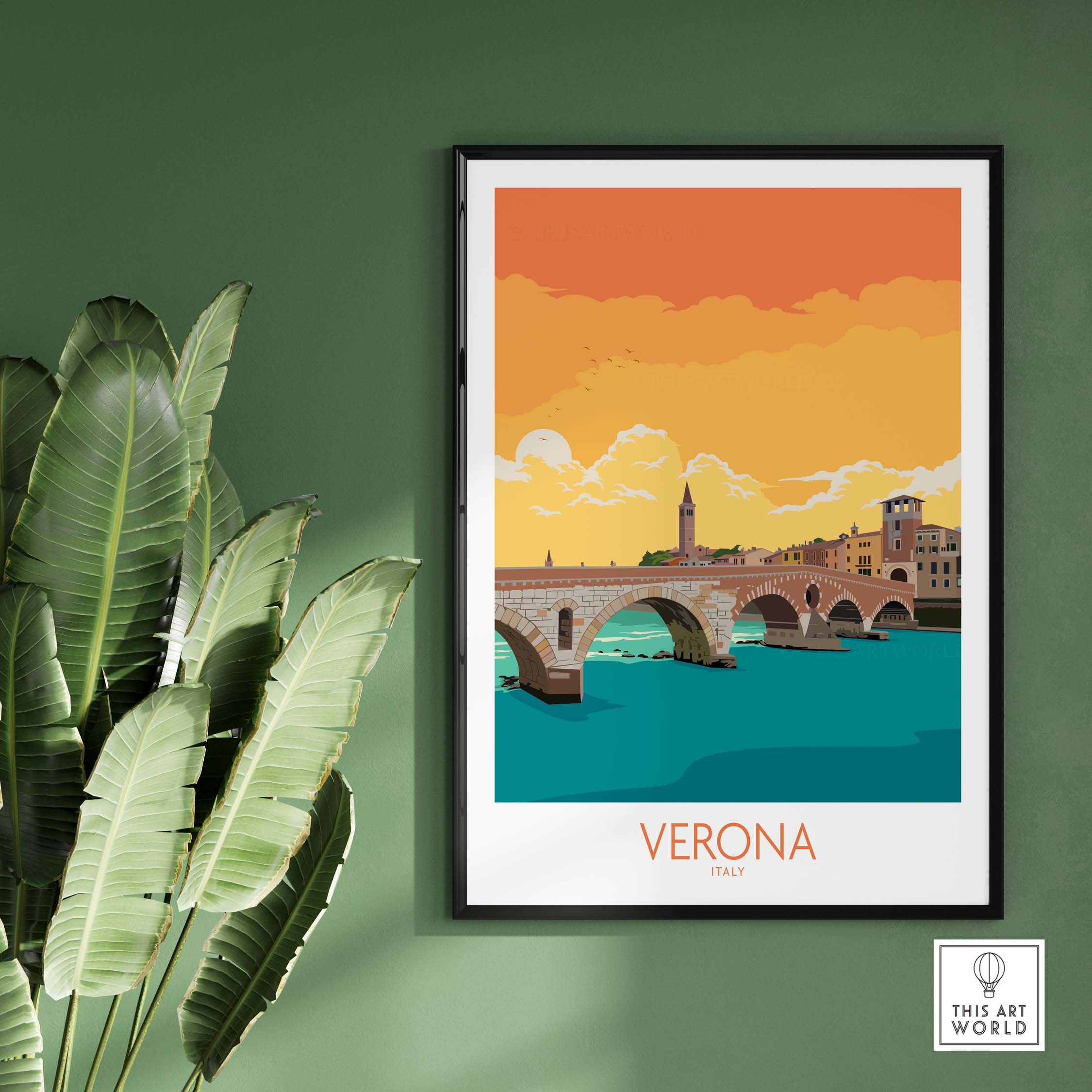 Verona Poster Italy featuring a vibrant illustration of the city skyline and bridge against a colorful sunset.