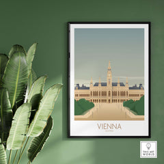 Vienna Wall Art Print featuring a vintage design of Vienna's architecture with greenery in the background.