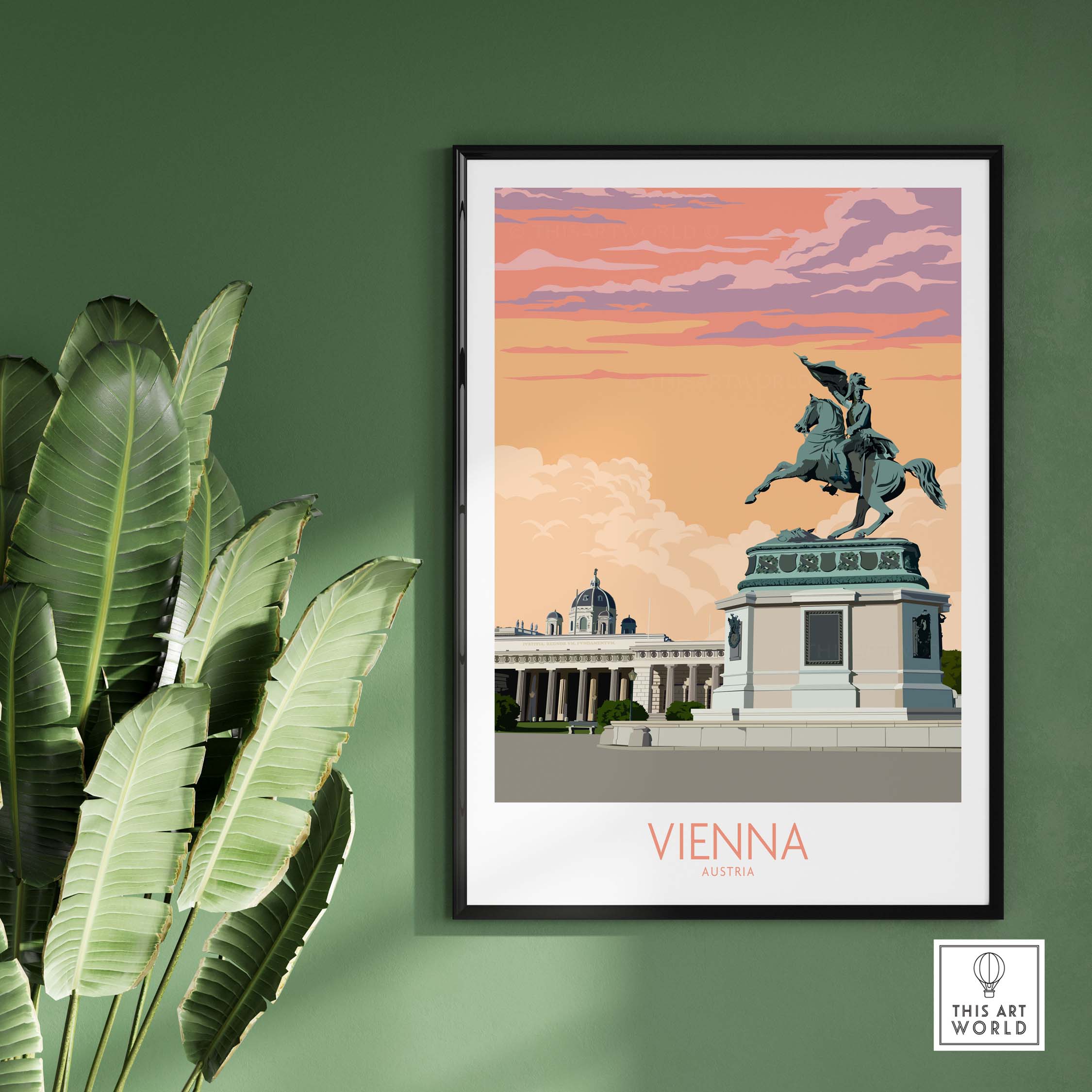 Vienna Print Austria Travel Poster featuring a statue and vintage design for stylish wall art.