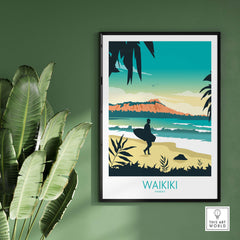 Waikiki Hawaii poster print featuring a surfer on the beach with tropical plants, showcasing vintage travel art.