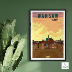 Vintage Warsaw poster showcasing colorful buildings and a serene sky, perfect for travel-themed home decor.