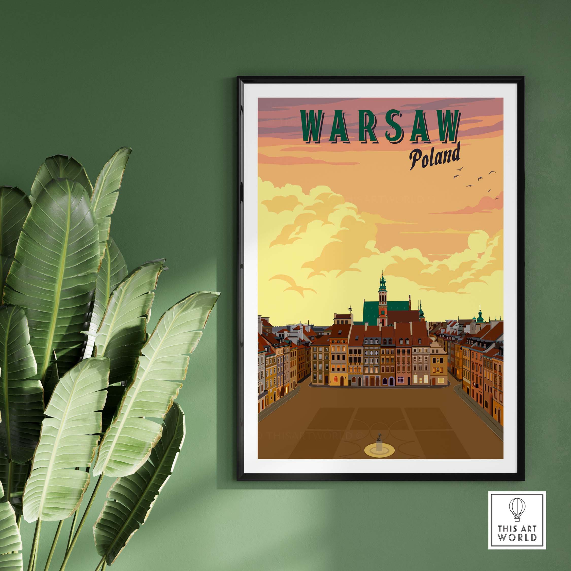 Vintage Warsaw poster showcasing colorful buildings and a serene sky, perfect for travel-themed home decor.