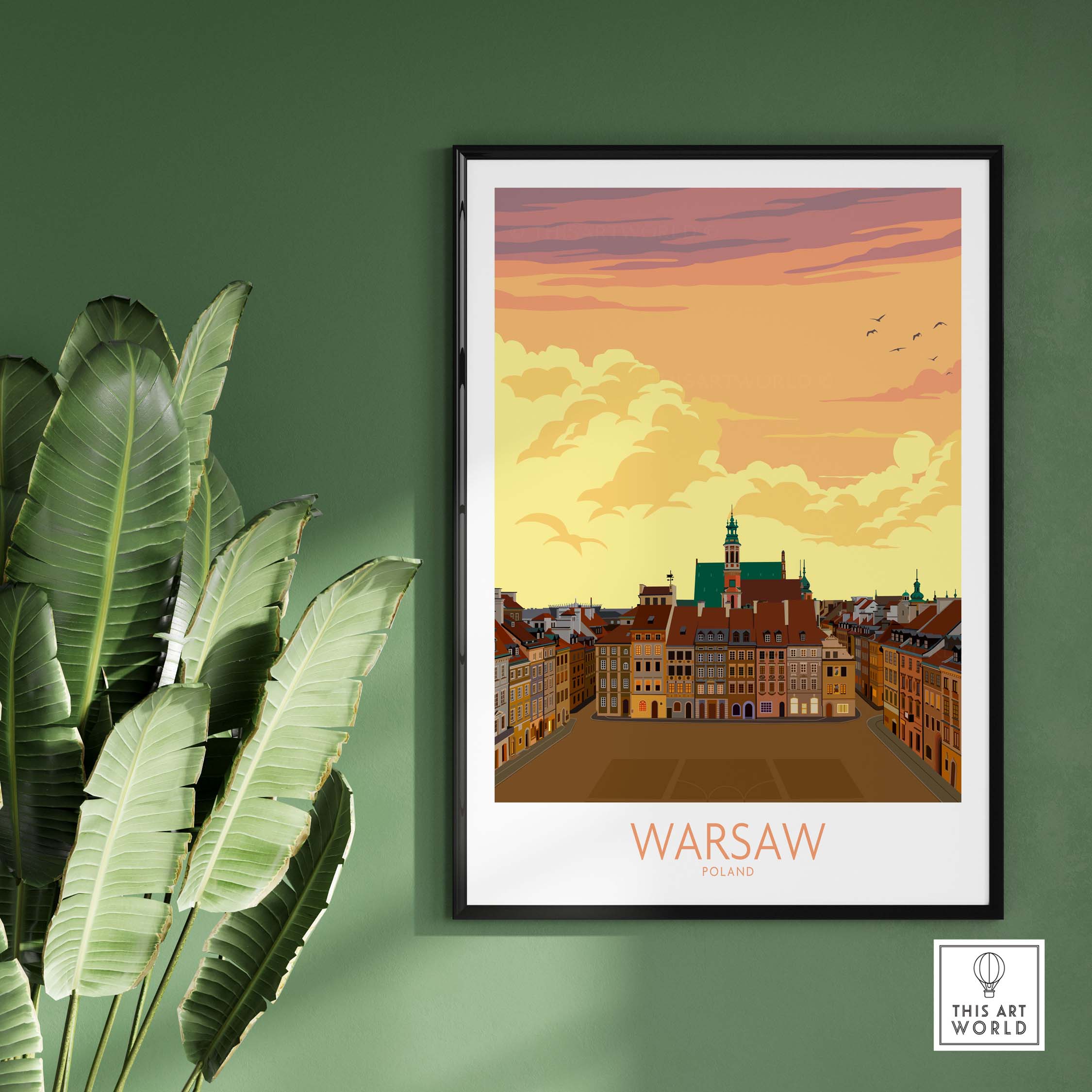 Warsaw Print Poland Poster showcasing a vibrant sunset over historic buildings, perfect for travel wall art.