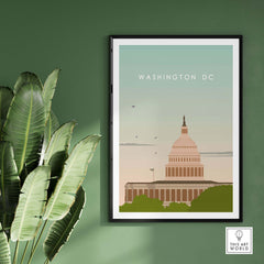 Washington DC poster print featuring the Capitol building, framed on a green wall with tropical leaves.