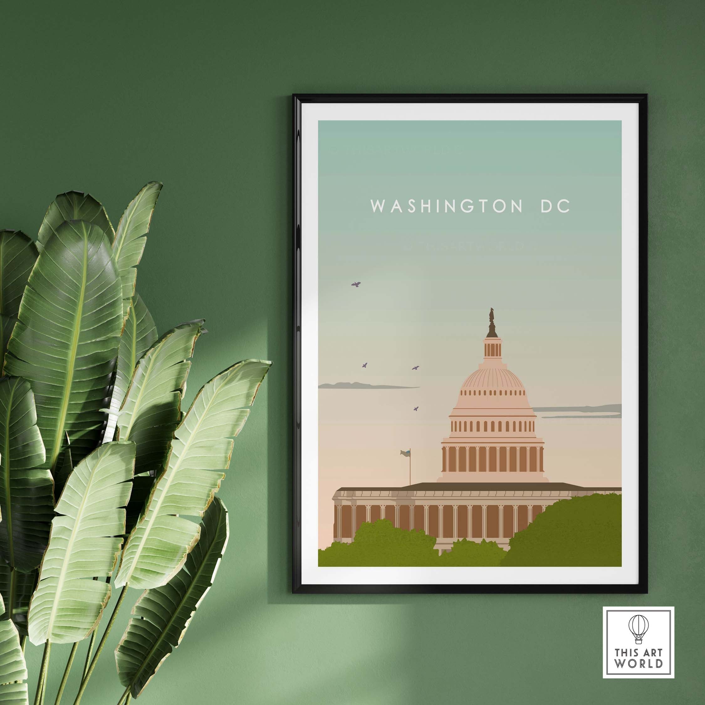 Washington DC poster print featuring the Capitol building, framed on a green wall with tropical leaves.