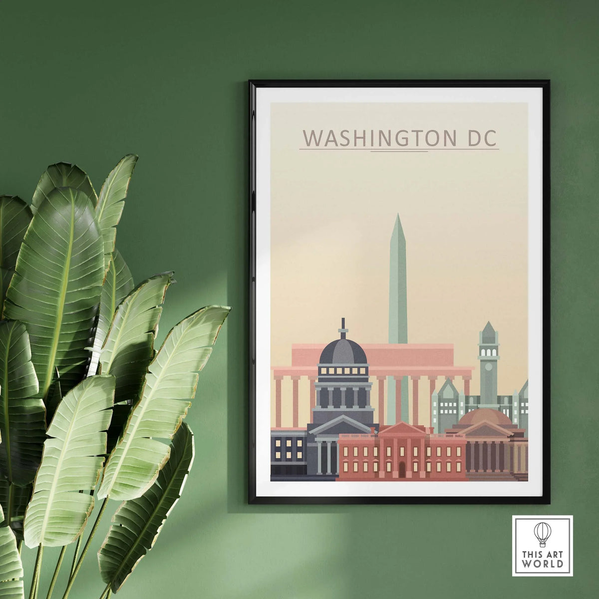 Washington DC skyline poster featuring iconic landmarks and pastel tones, framed against a green wall with a plant.
