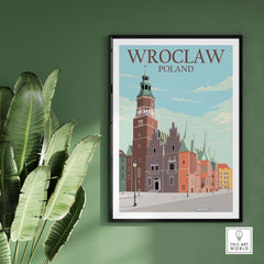 Wroclaw Poland poster print featuring historic architecture, ideal for travel enthusiasts, framed on a green wall.