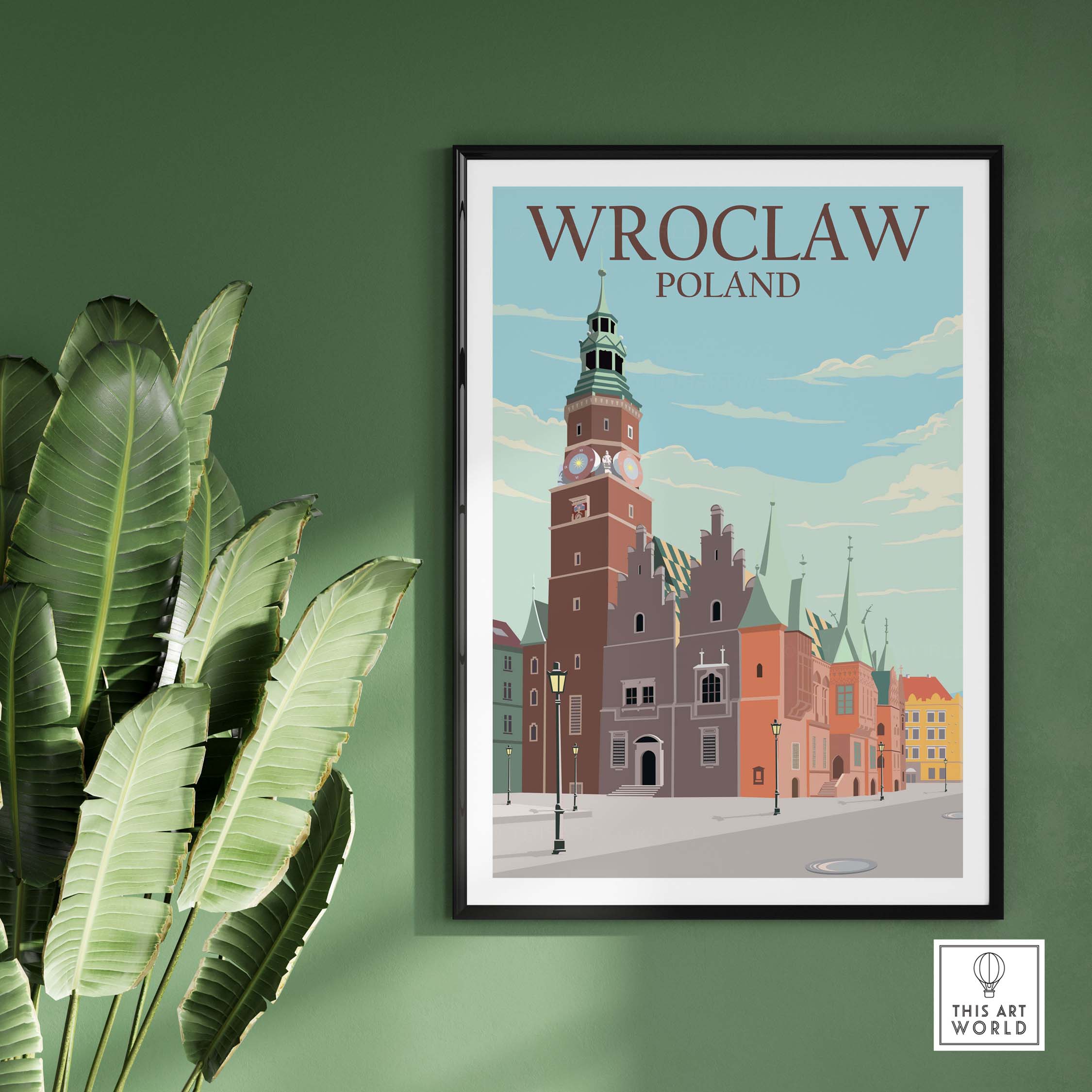 Wroclaw Poland poster print featuring historic architecture, ideal for travel enthusiasts, framed on a green wall.