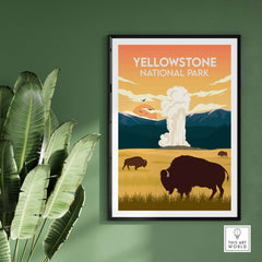 Yellowstone National Park poster featuring bison, geyser, and mountains, perfect for nature lovers and interior decor.