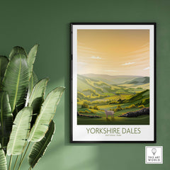 Yorkshire Dales National Park poster art print displayed in a modern frame with green leaves background.