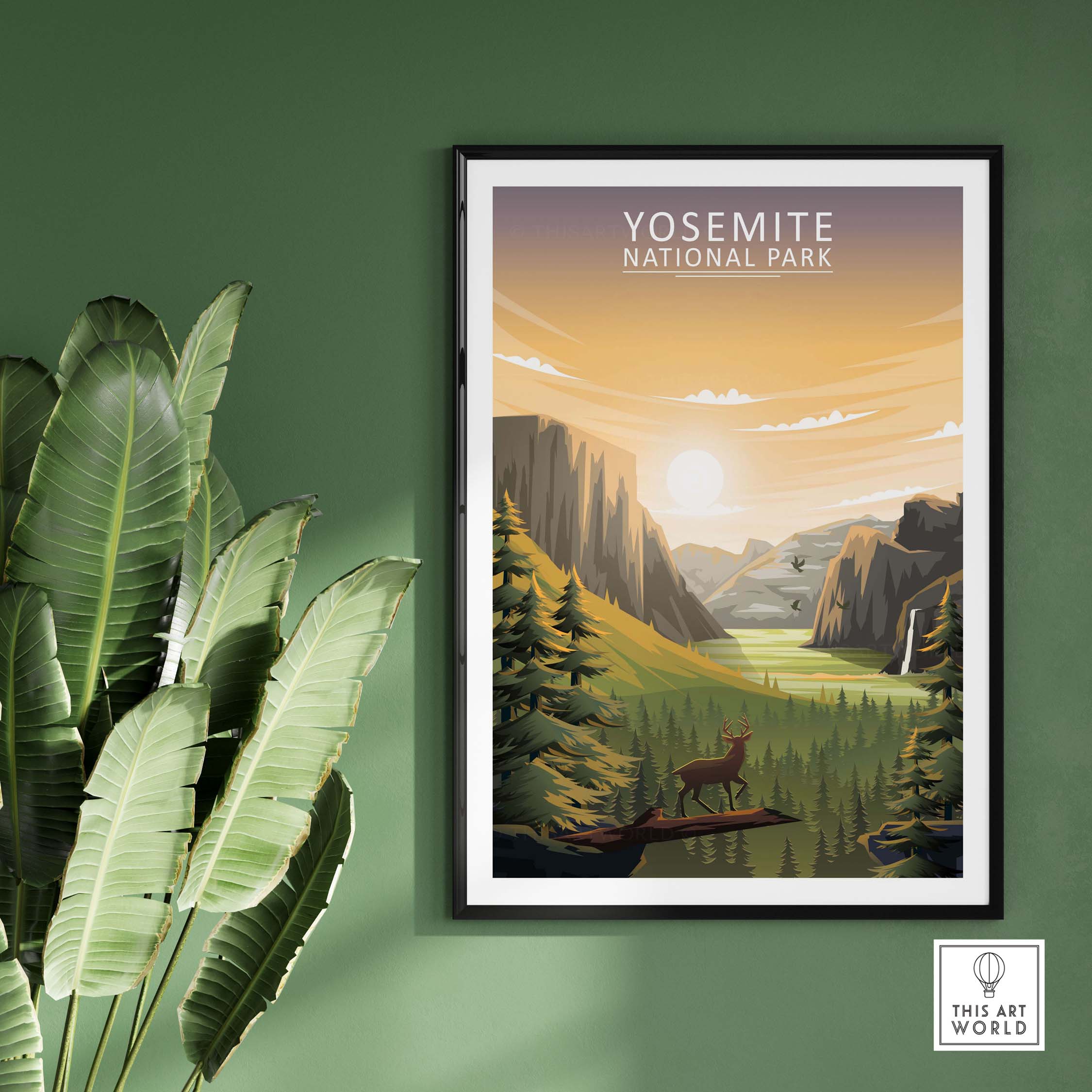 Yosemite National Park poster with serene landscape, framed artwork showcasing nature and wanderlust vibes.