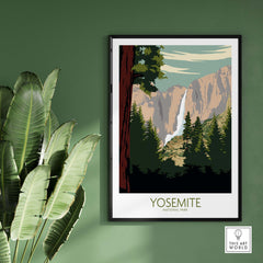 Framed Yosemite Park poster print showcasing majestic mountains and waterfall, perfect for nature lovers.