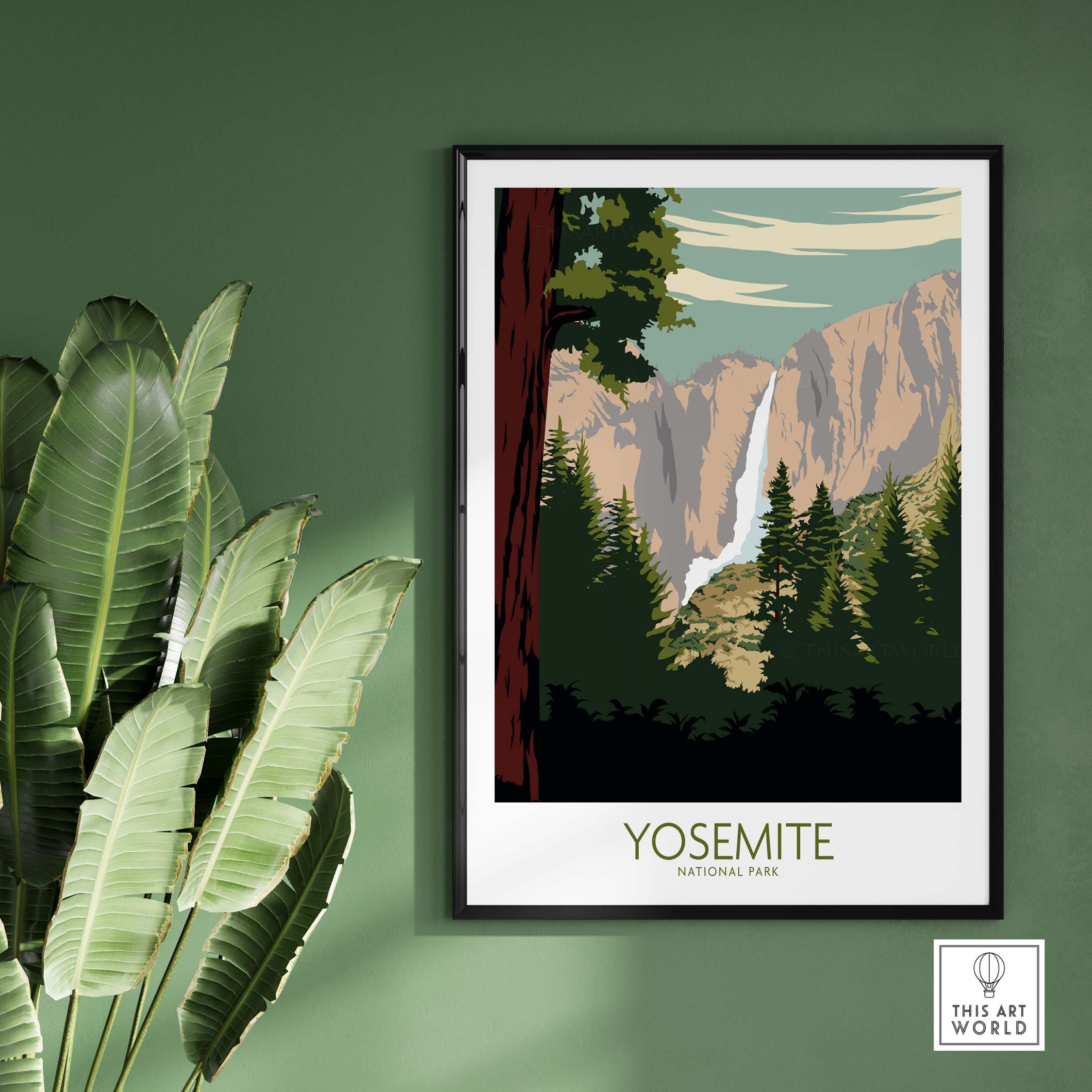 Framed Yosemite Park poster print showcasing majestic mountains and waterfall, perfect for nature lovers.
