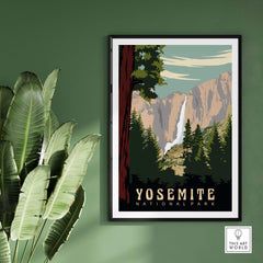 Yosemite National Park vintage print showcasing scenic waterfall and lush trees, perfect for home decor.