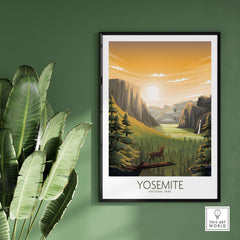 Yosemite National Park poster in a minimalist style framed on a green wall, featuring nature and wildlife scenery.
