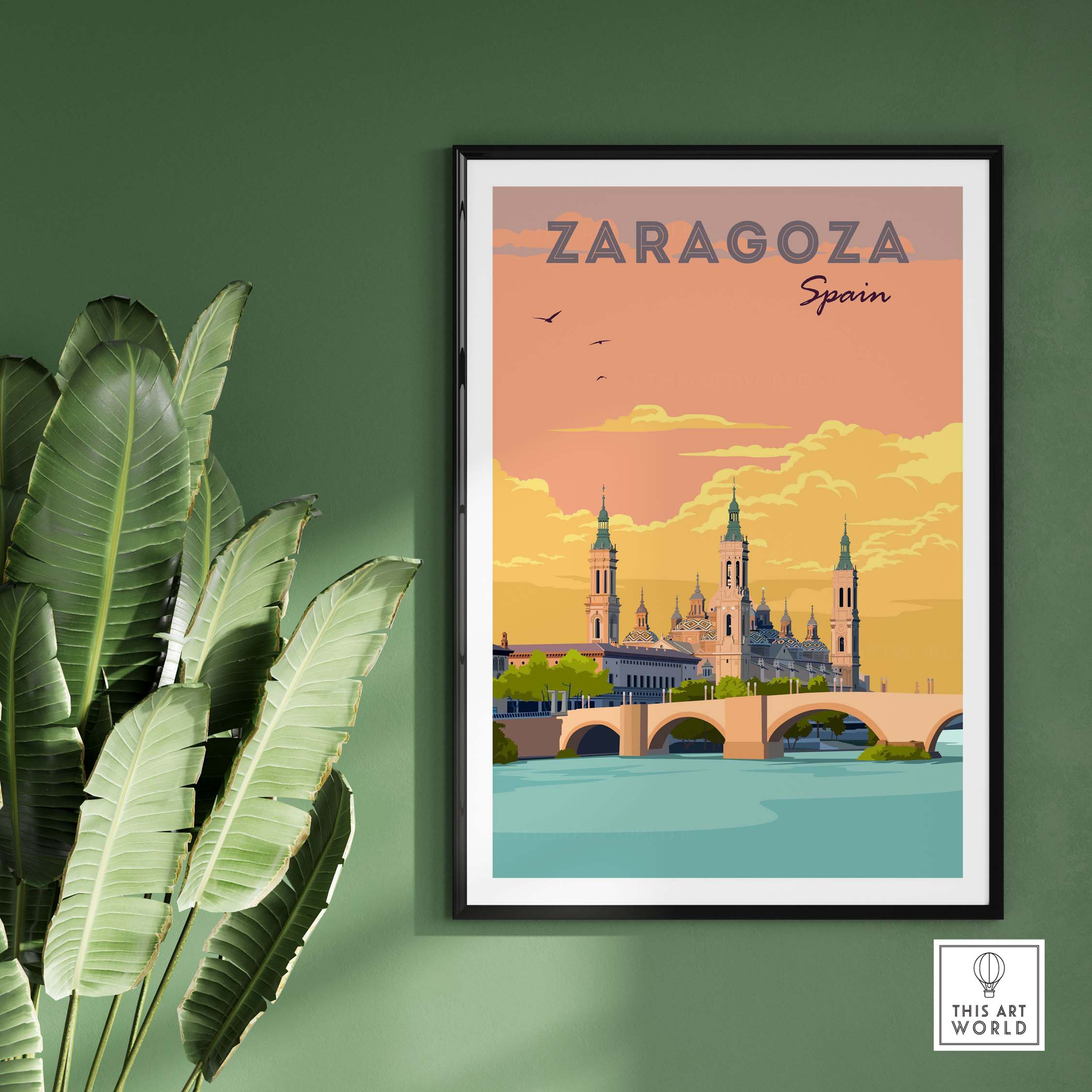 Vintage Zaragoza Spain print featuring scenic architecture and vibrant sunset, perfect for home decor.