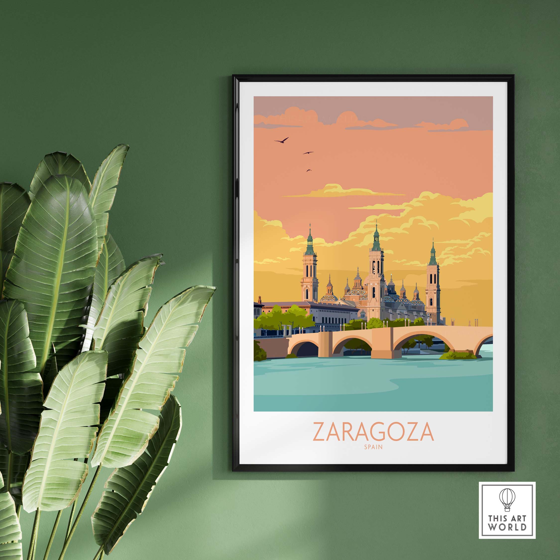 Zaragoza Spain poster featuring vintage-inspired design, displayed on a wall with a green background and plants.