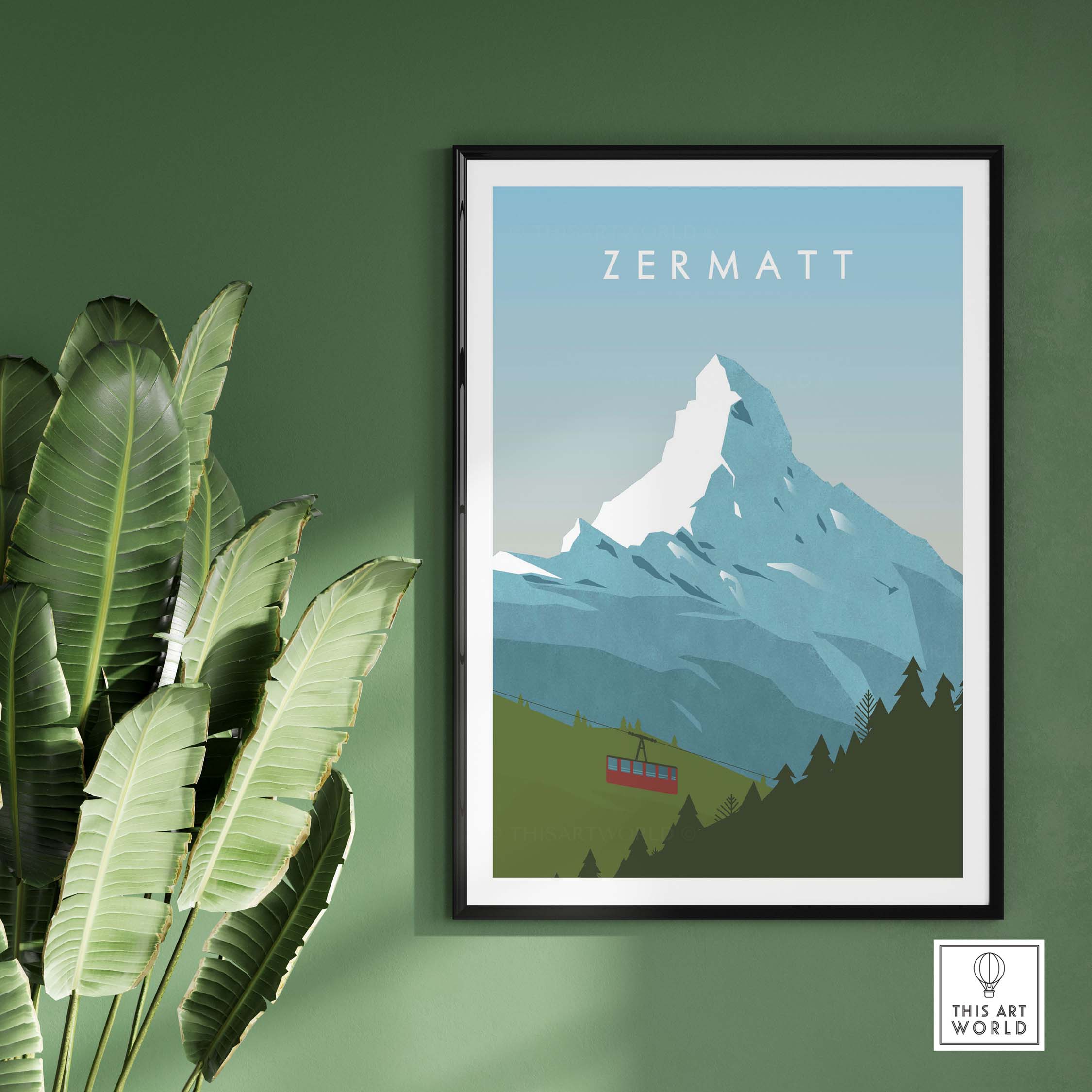 Zermatt Print Wall Art Poster featuring a mountain landscape and vibrant colors, ideal for home or office decor.
