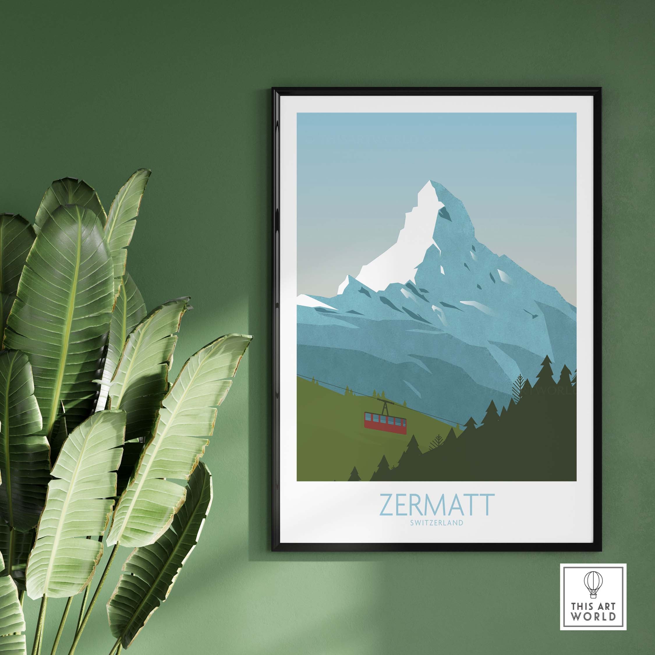 Zermatt Poster Print featuring Matterhorn Peak, framed artwork for travel enthusiasts.