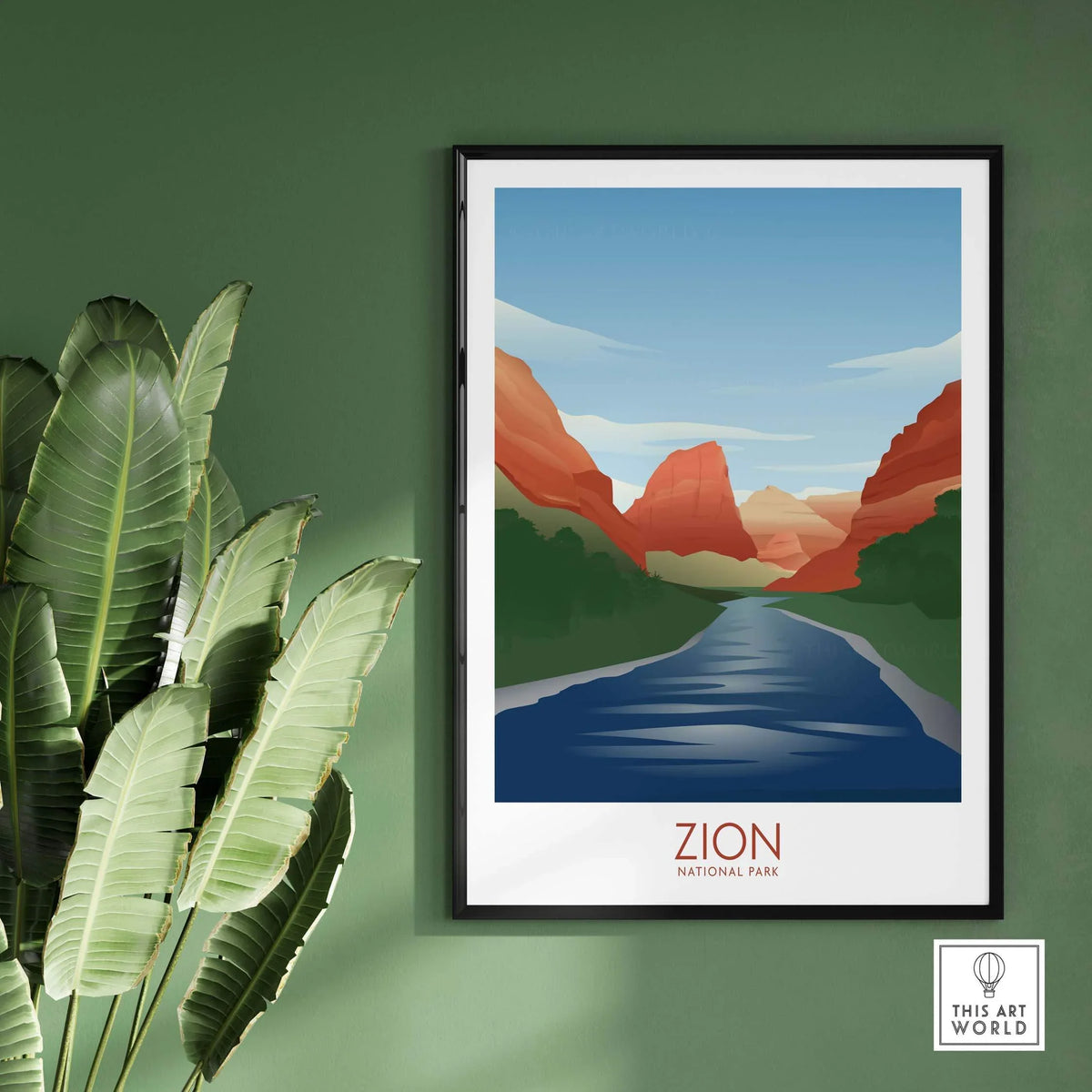 Zion National Park Art Print featuring a minimalist design of mountains and river, ideal for home or office decor.