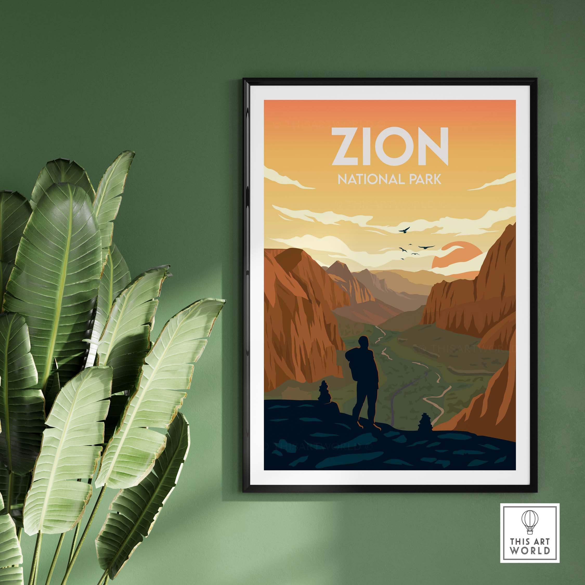 Zion National Park poster showcasing a traveler in nature, minimalist design for stylish wall art.