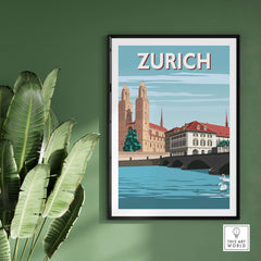 Zurich Switzerland travel poster print featuring the city's iconic architecture and serene river view.