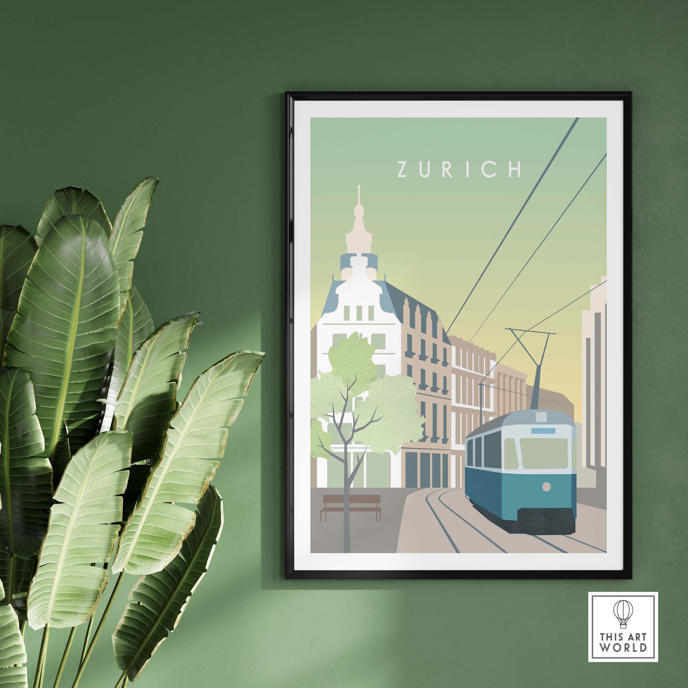 Zurich Print Wall Art Poster featuring a vintage-inspired illustration of a tram and buildings in Zurich.