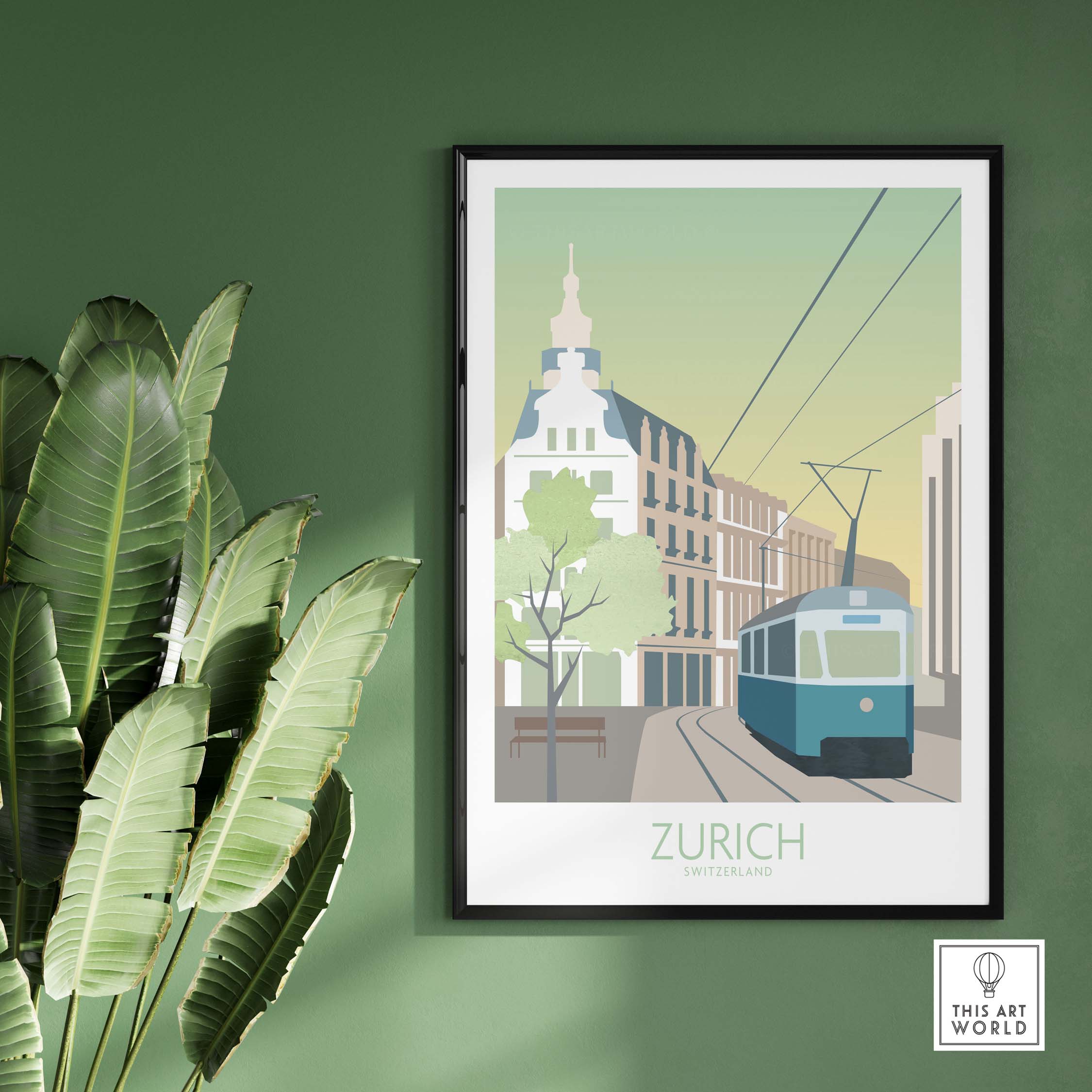 Zurich Print Travel Poster showcasing a vintage tram in Zurich, Switzerland, framed amidst a stylish interior.